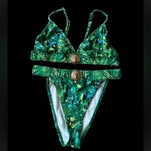 Green Tropical Print Bikini with Gold Accents designer inspired lion head 4